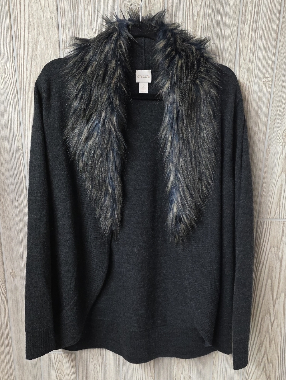 Chico's Elise Wool Open Cardigan Sweater With Faux Fur Shawl Collar Womens Large